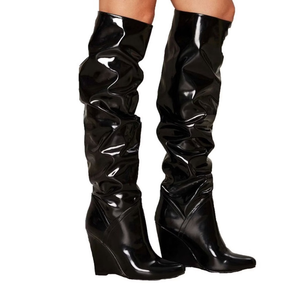 NWB Nasty Gal Black Heeled Shiny Scrunchie Over the Knee Slouchy Boots